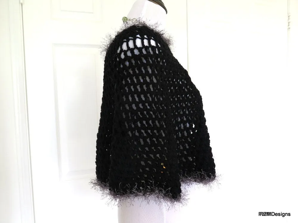 Short Black Crochet Circle Poncho