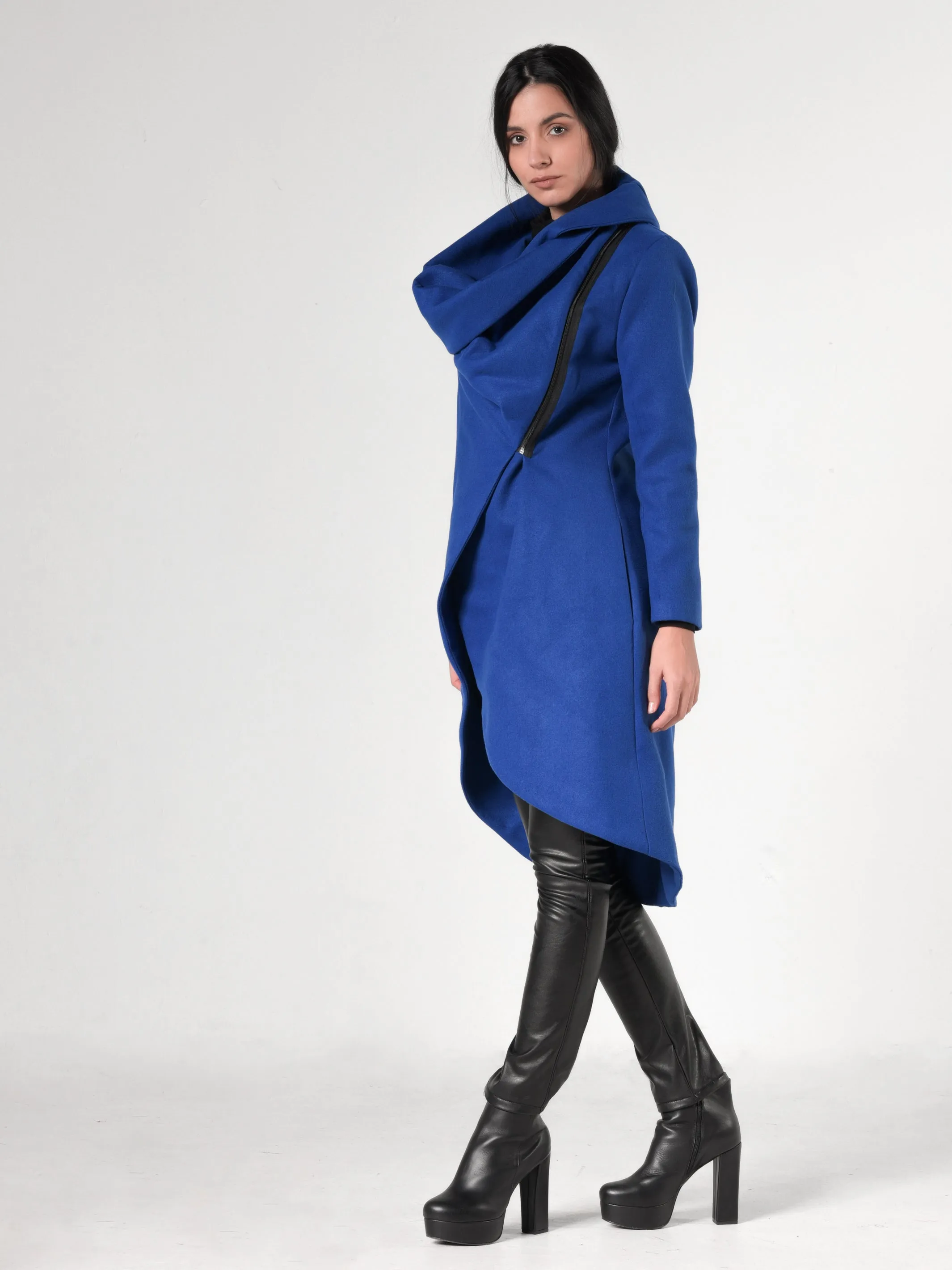 Side Zipper Winter Coat In Royal Blue