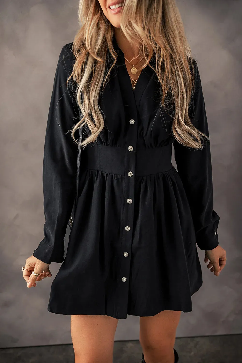 Simply Ruched Calm Button Up Long Sleeve Dress