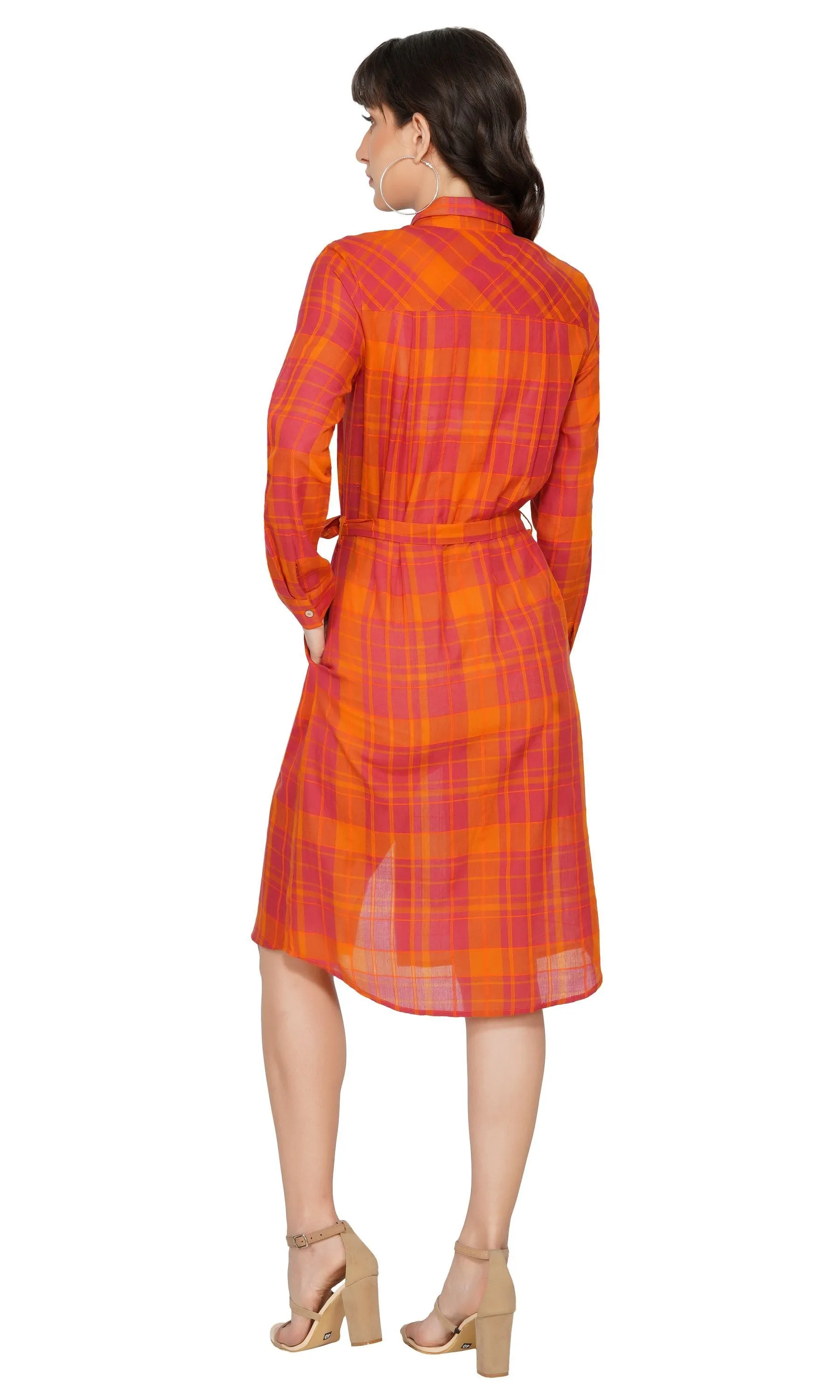 SLAY. Women's Red-Orange Check Plaid Shirt Dress