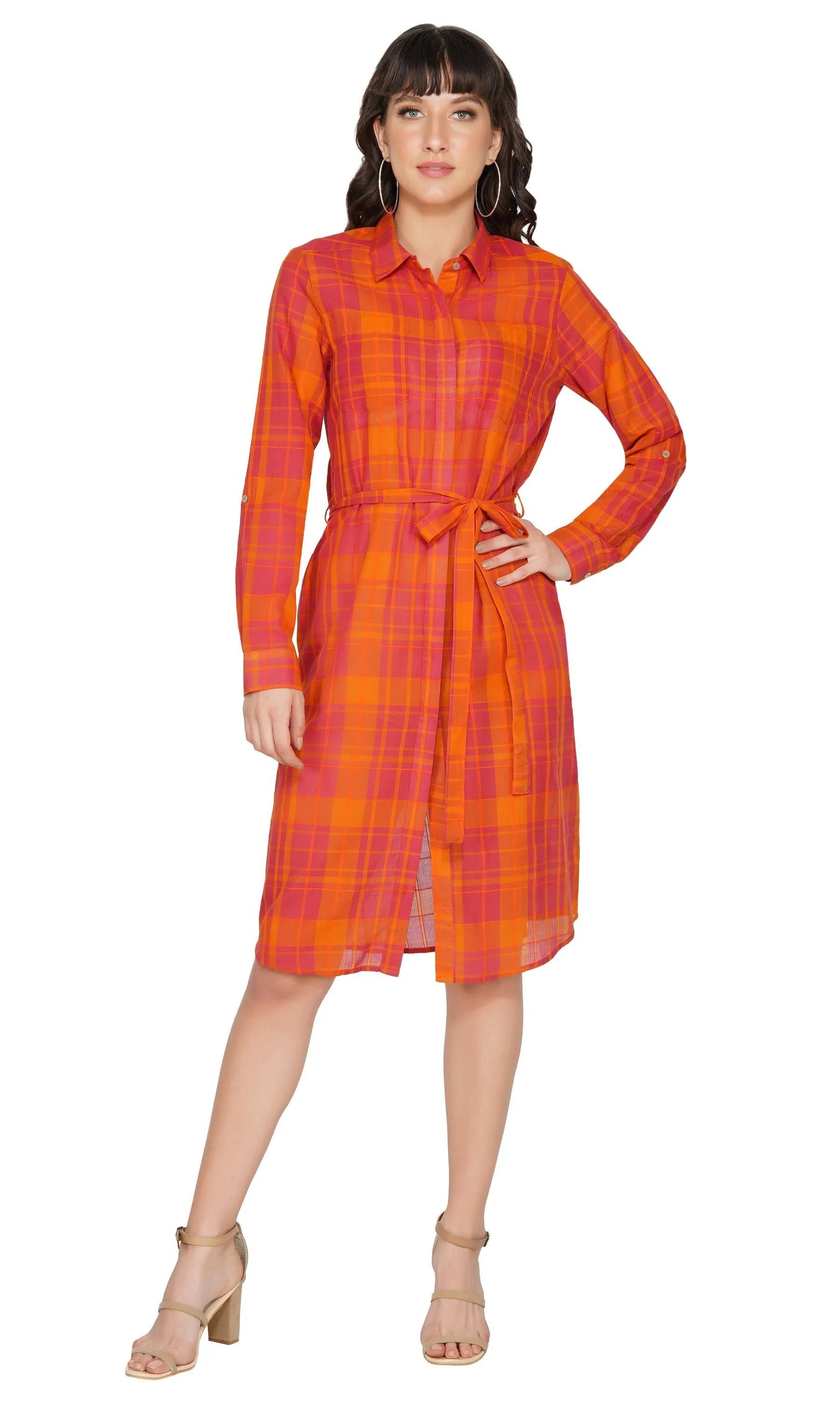 SLAY. Women's Red-Orange Check Plaid Shirt Dress