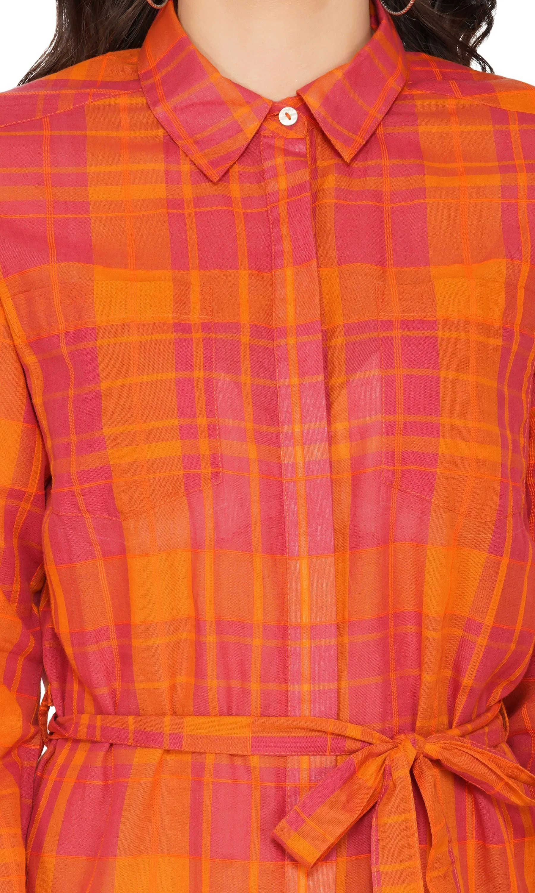 SLAY. Women's Red-Orange Check Plaid Shirt Dress