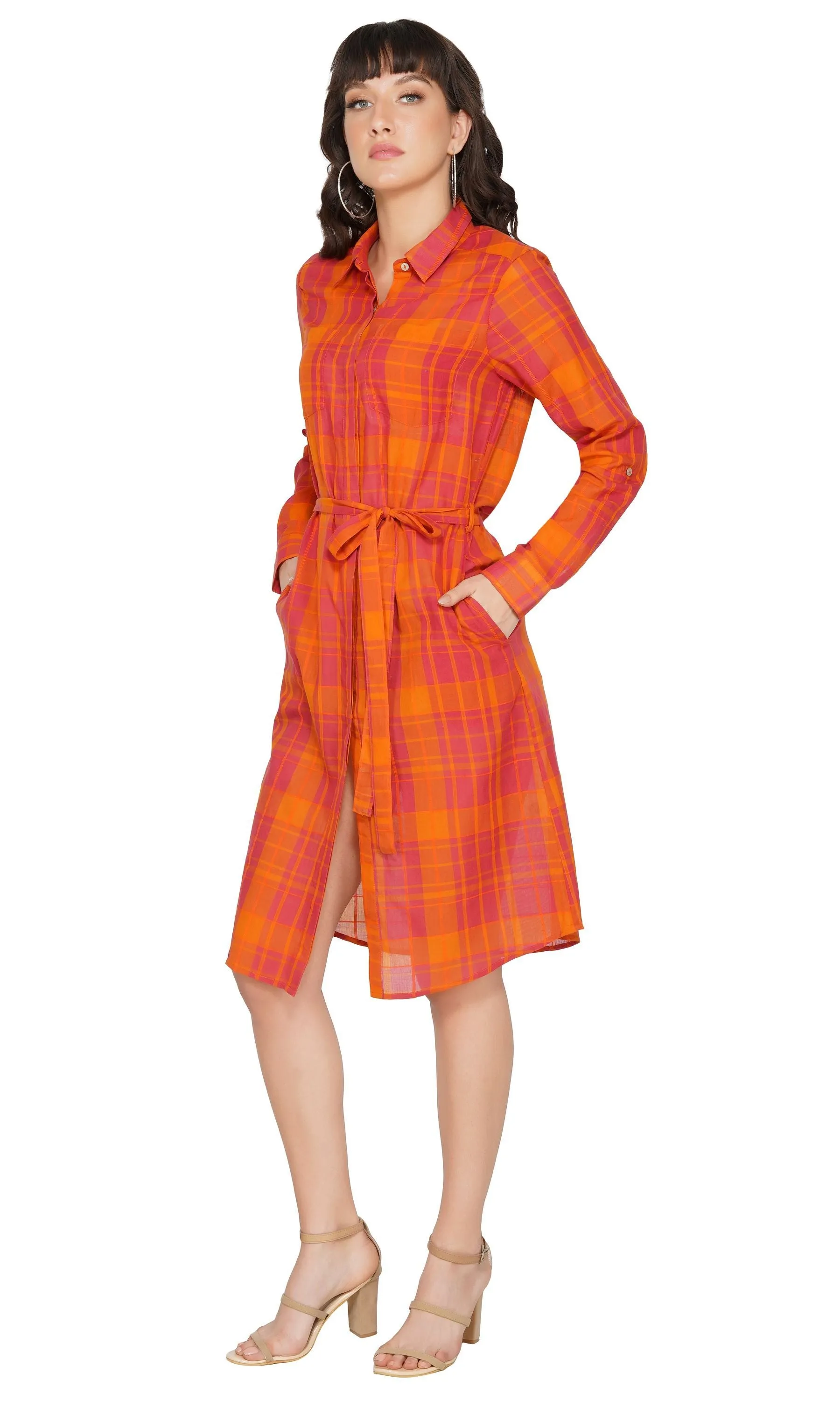 SLAY. Women's Red-Orange Check Plaid Shirt Dress