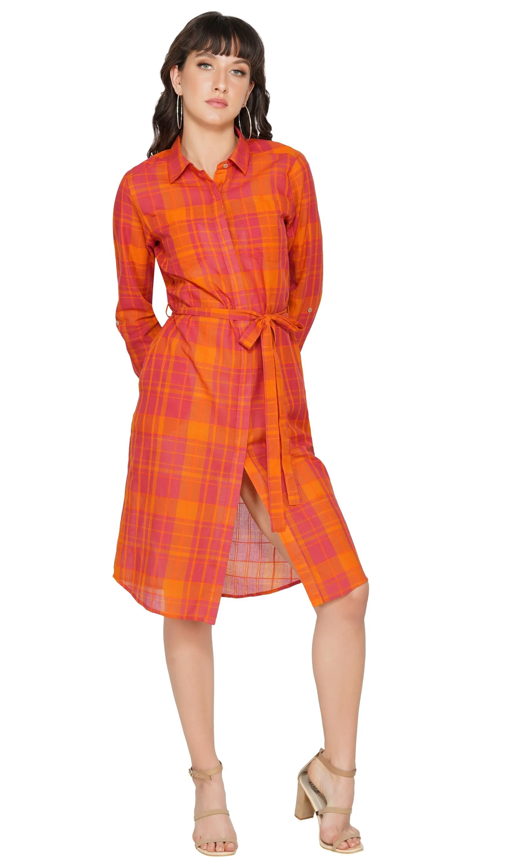 SLAY. Women's Red-Orange Check Plaid Shirt Dress