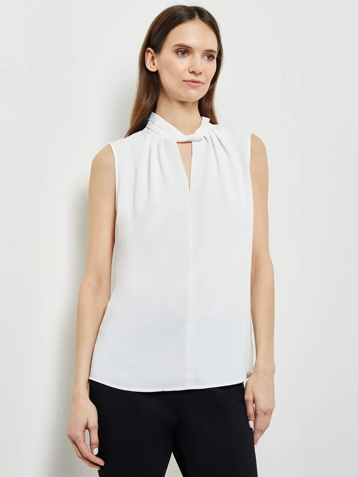 Sleeveless Twist Neck Crepe de Chine Blouse, White