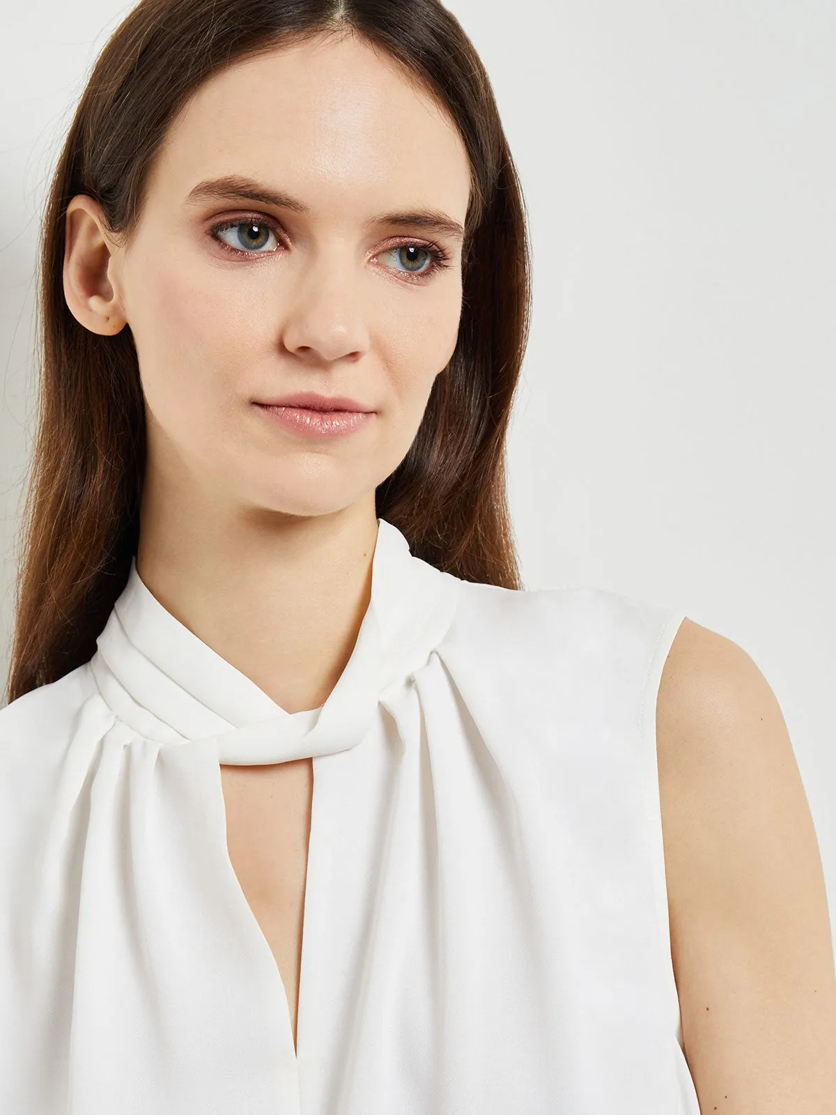 Sleeveless Twist Neck Crepe de Chine Blouse, White