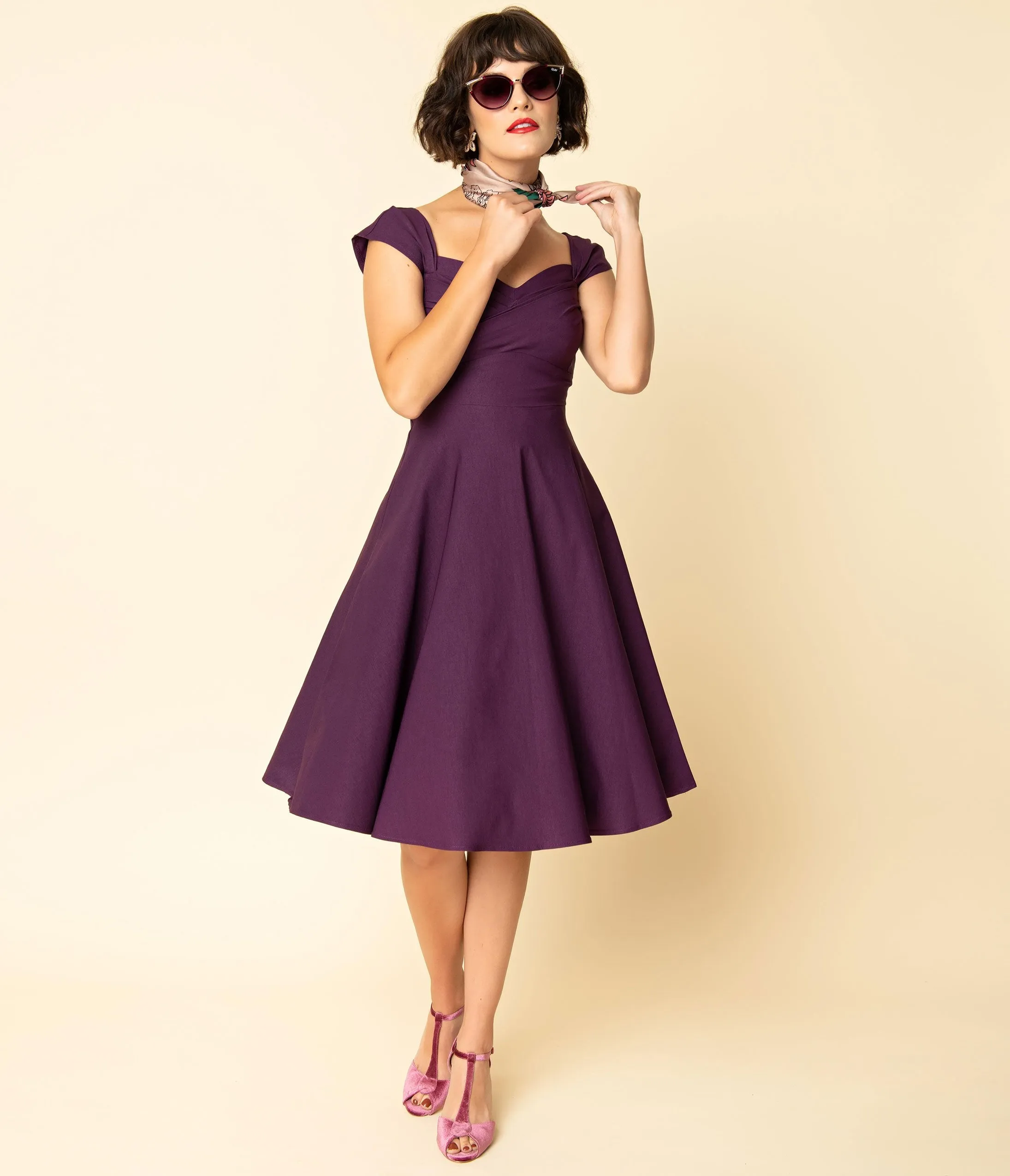 Stop Staring! Mad Style Eggplant Cap Sleeve Swing Dress