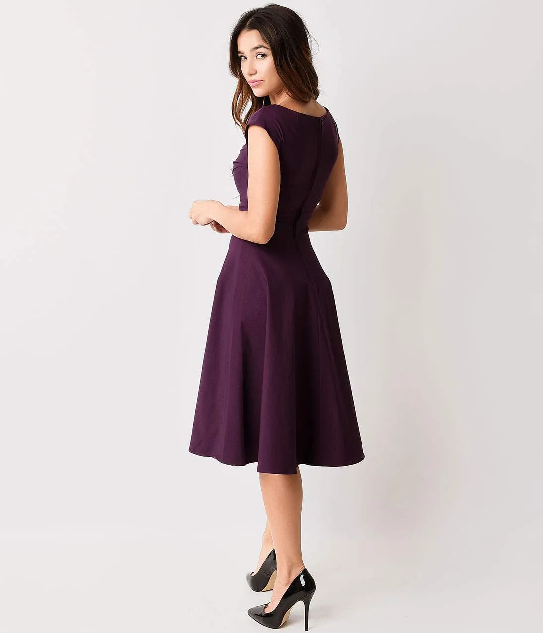 Stop Staring! Mad Style Eggplant Cap Sleeve Swing Dress