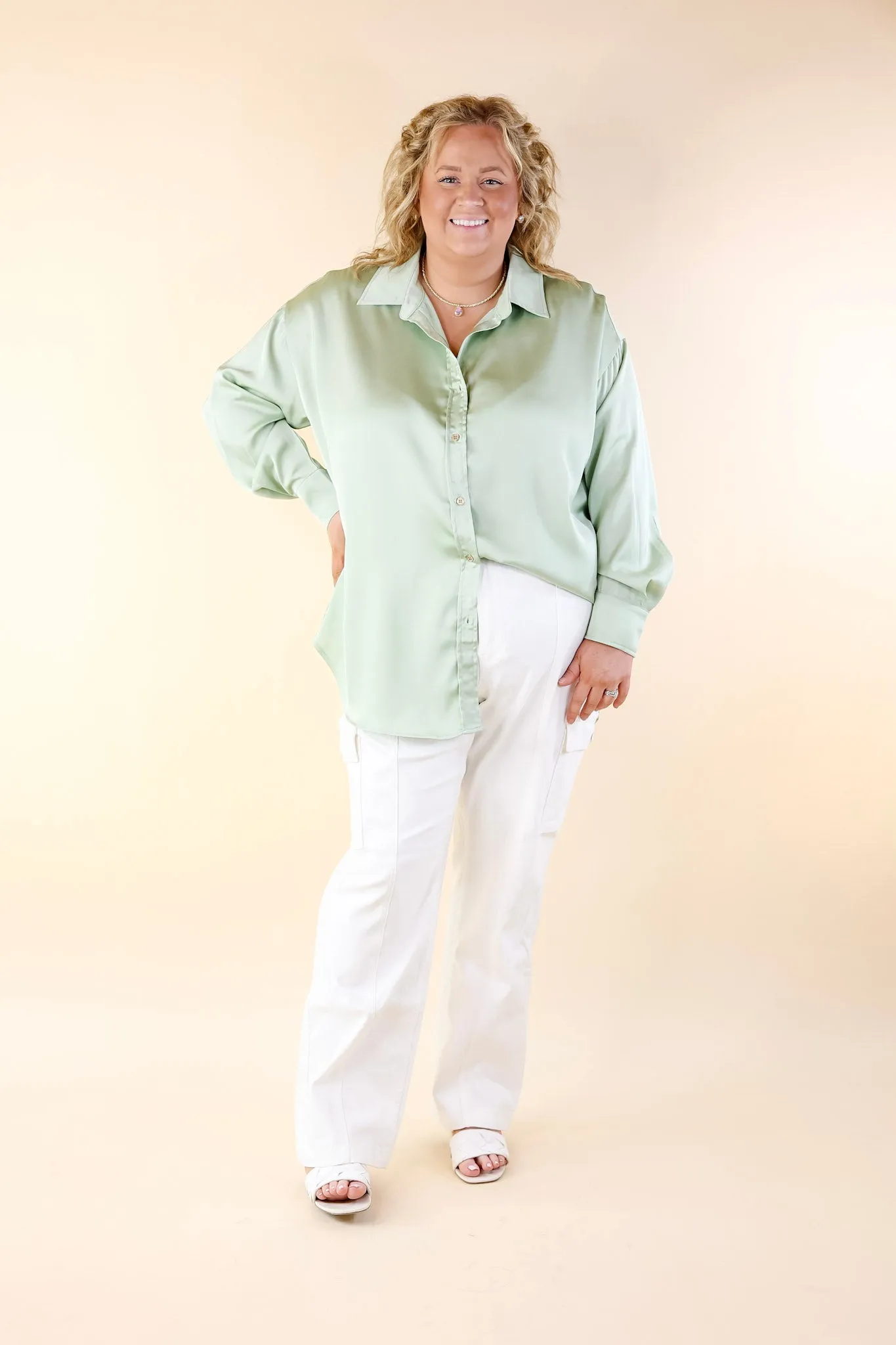 Tell Me Something Good Long Sleeve Button Up Top in Sage Green