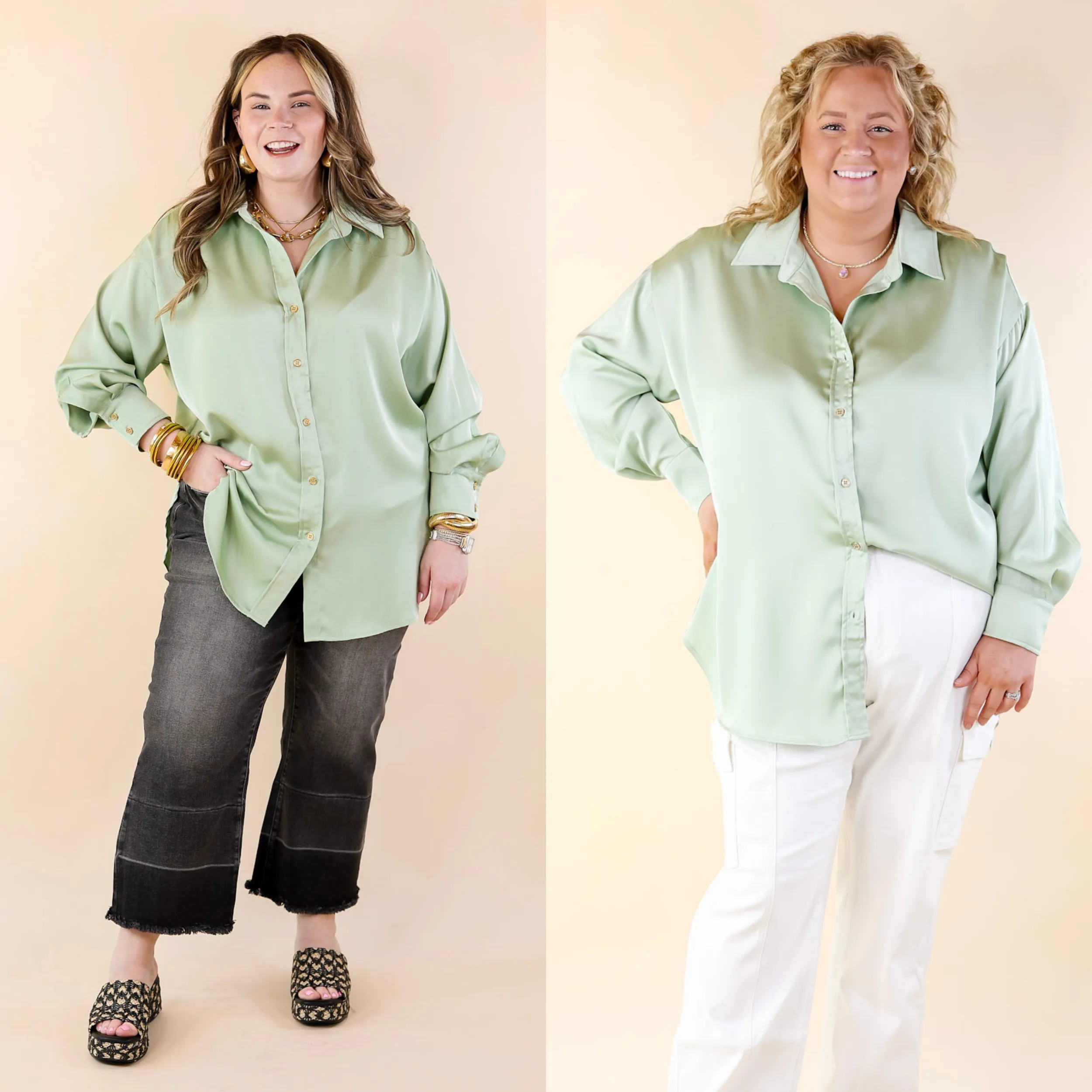 Tell Me Something Good Long Sleeve Button Up Top in Sage Green