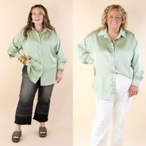 Tell Me Something Good Long Sleeve Button Up Top in Sage Green