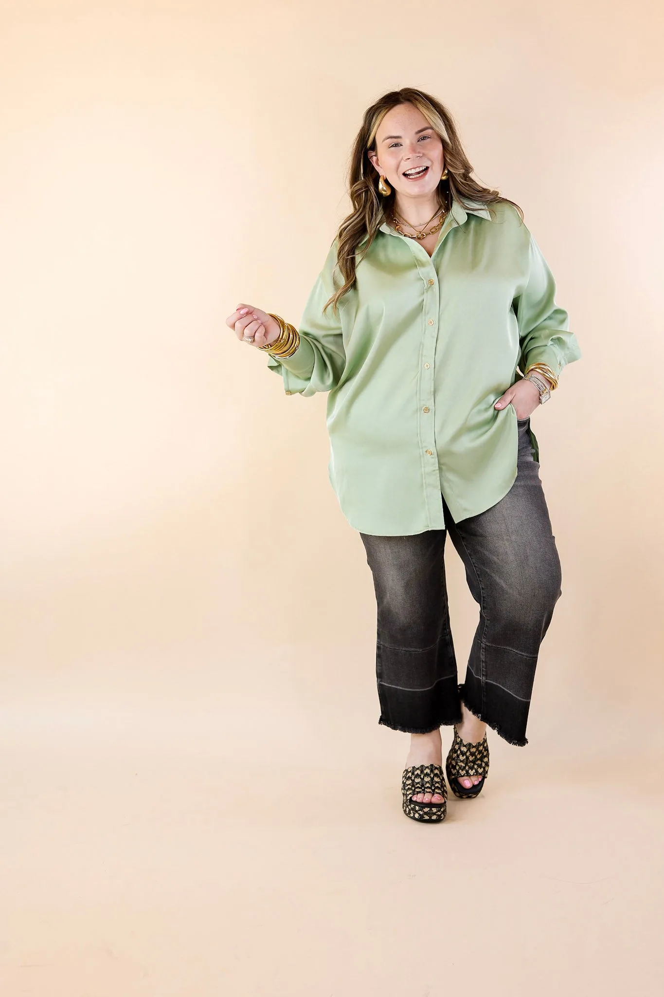 Tell Me Something Good Long Sleeve Button Up Top in Sage Green