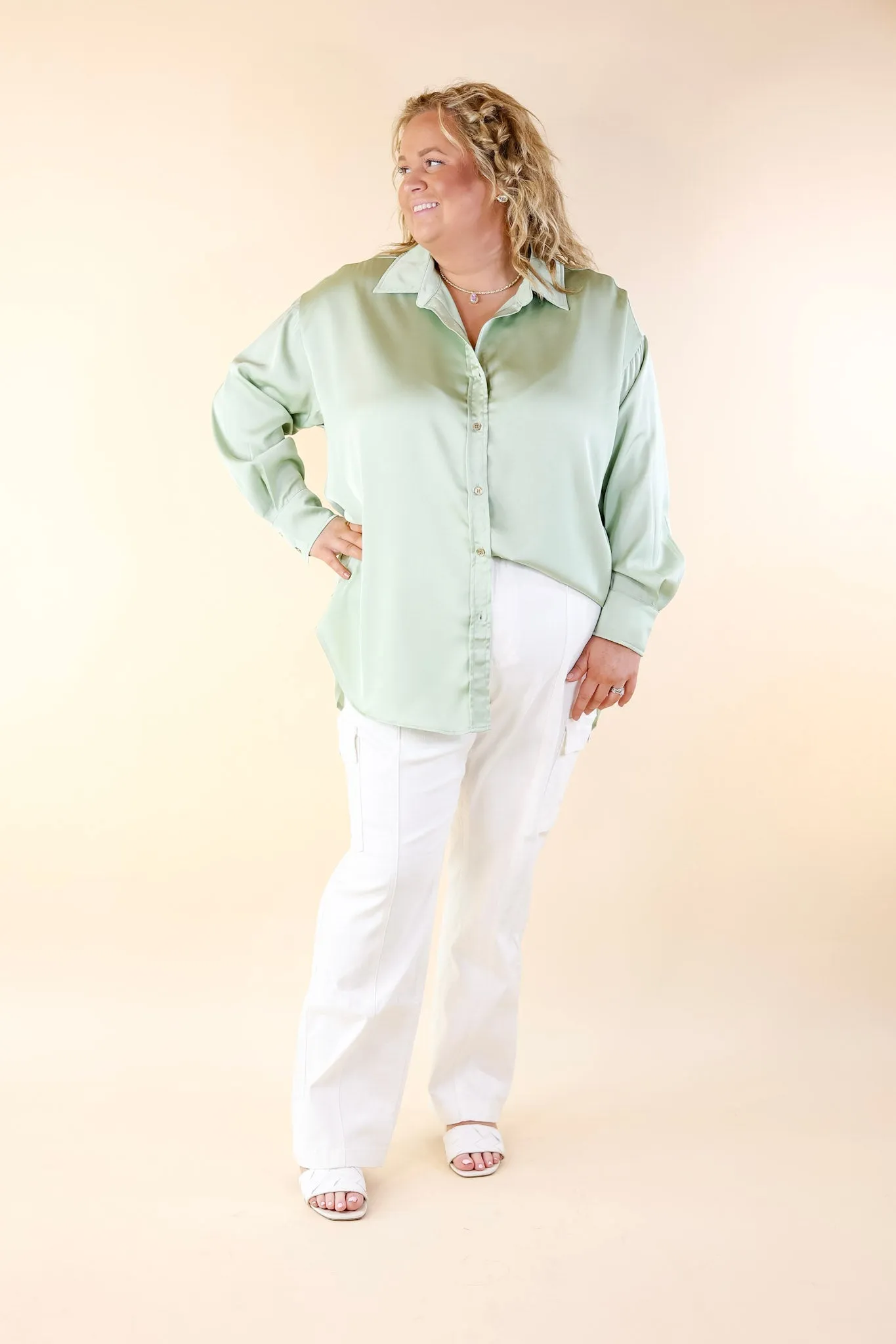 Tell Me Something Good Long Sleeve Button Up Top in Sage Green