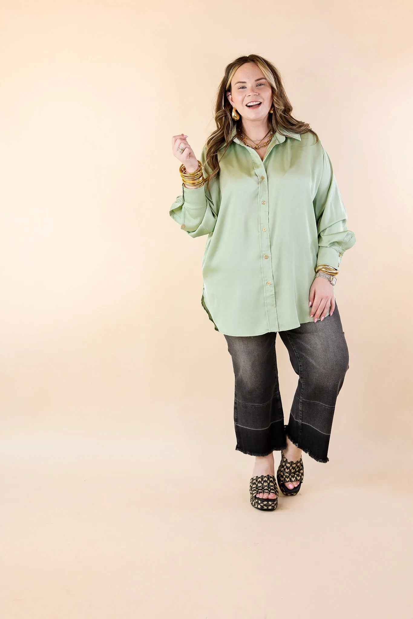 Tell Me Something Good Long Sleeve Button Up Top in Sage Green