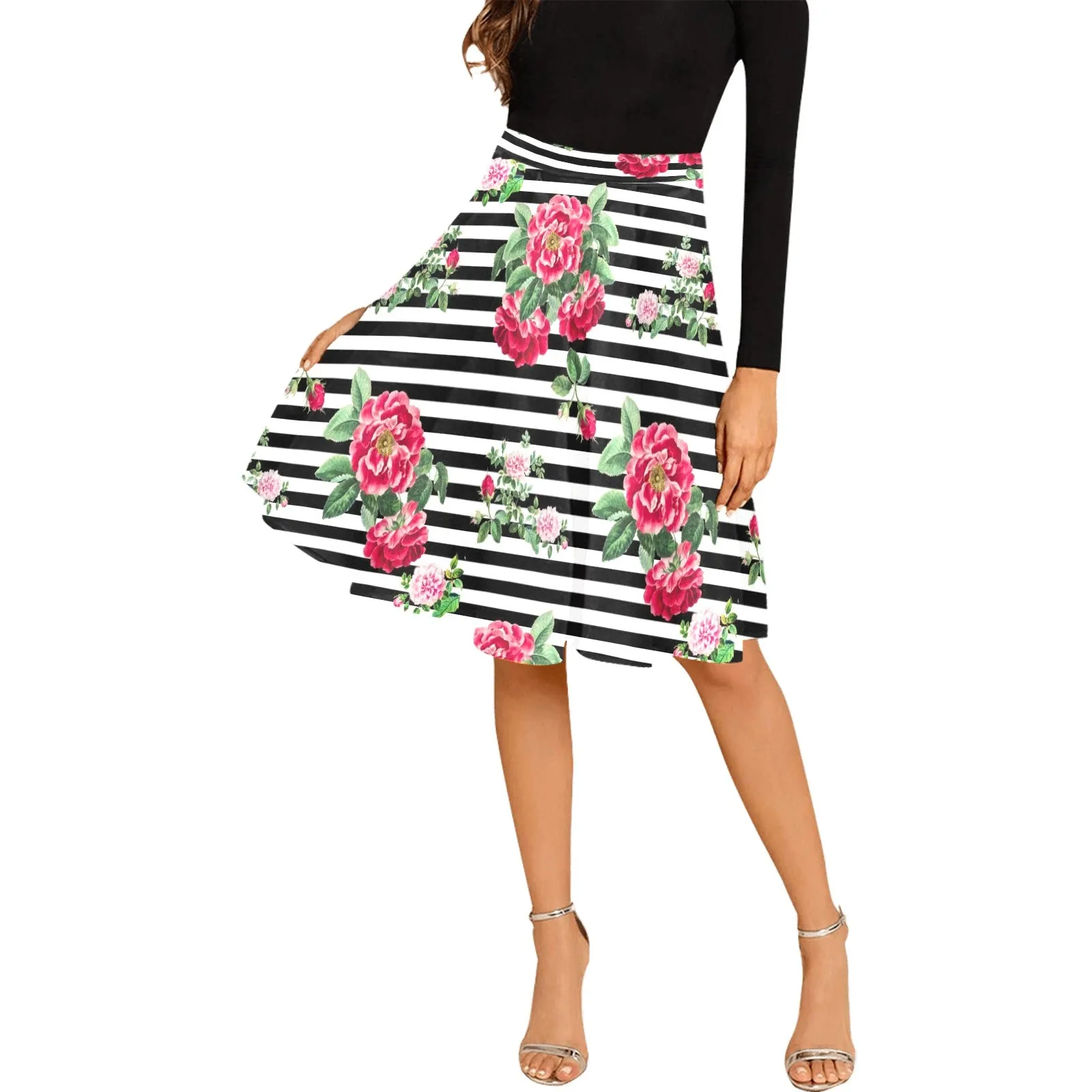 thin bw stripes roses red print 2 Melete Pleated Midi Skirt (Model D15)