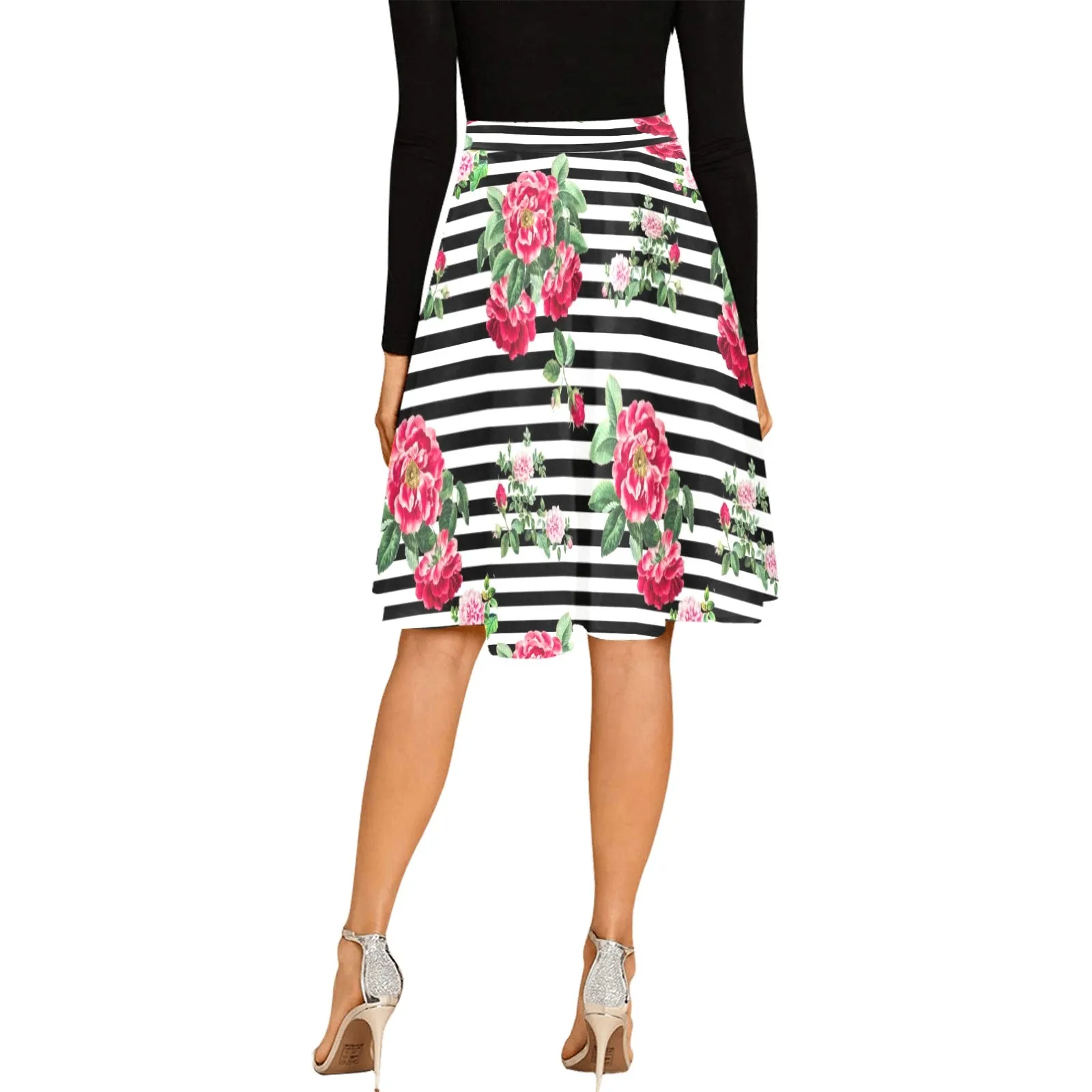 thin bw stripes roses red print 2 Melete Pleated Midi Skirt (Model D15)