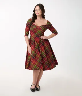 Unique Vintage 1950s Burnt Orange & Green Plaid Lamar Swing Dress