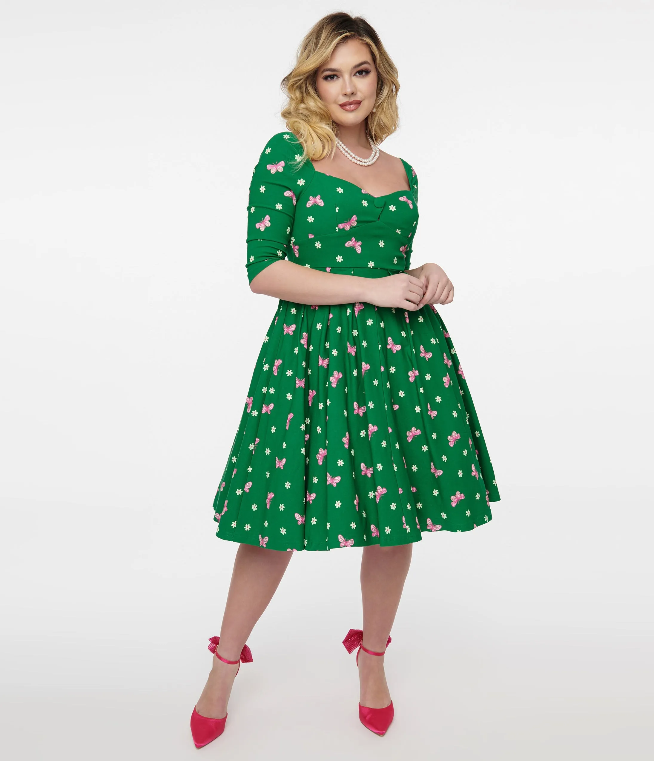 Unique Vintage 1950s Green & Butterfly Stamp Print Lamar Swing Dress