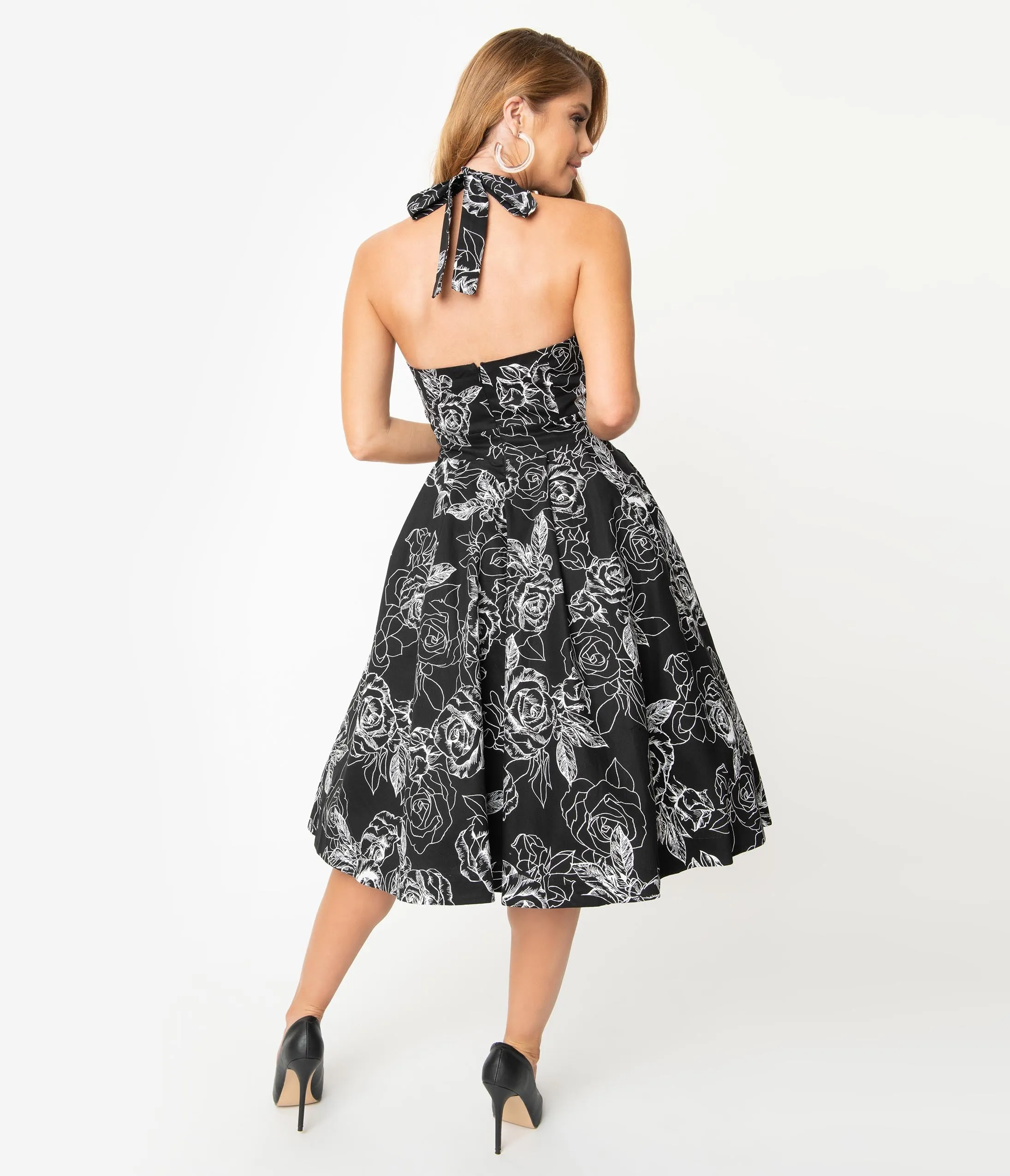 Unique Vintage Black & White Floral Print Tarrytown Hostess Dress