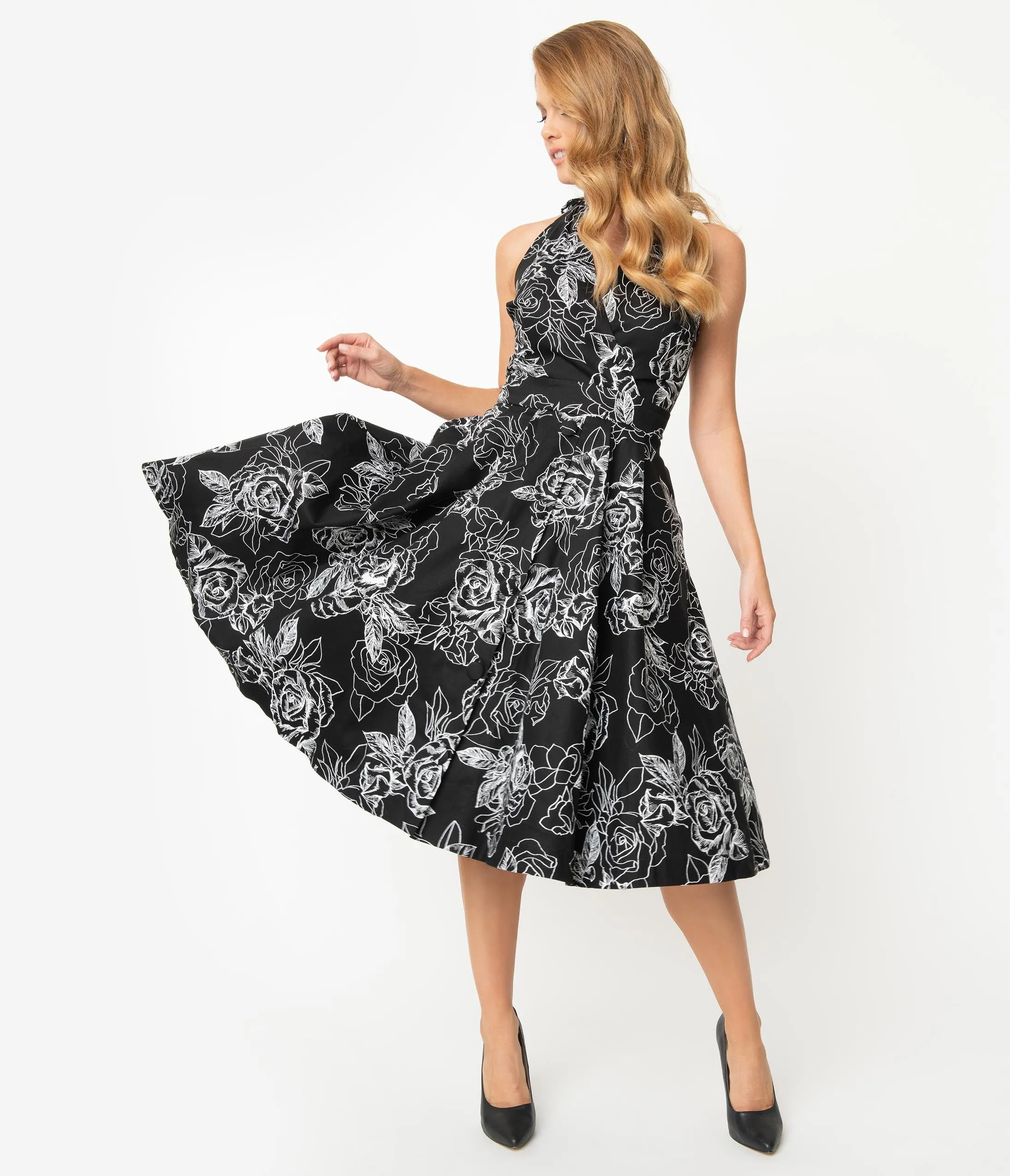 Unique Vintage Black & White Floral Print Tarrytown Hostess Dress