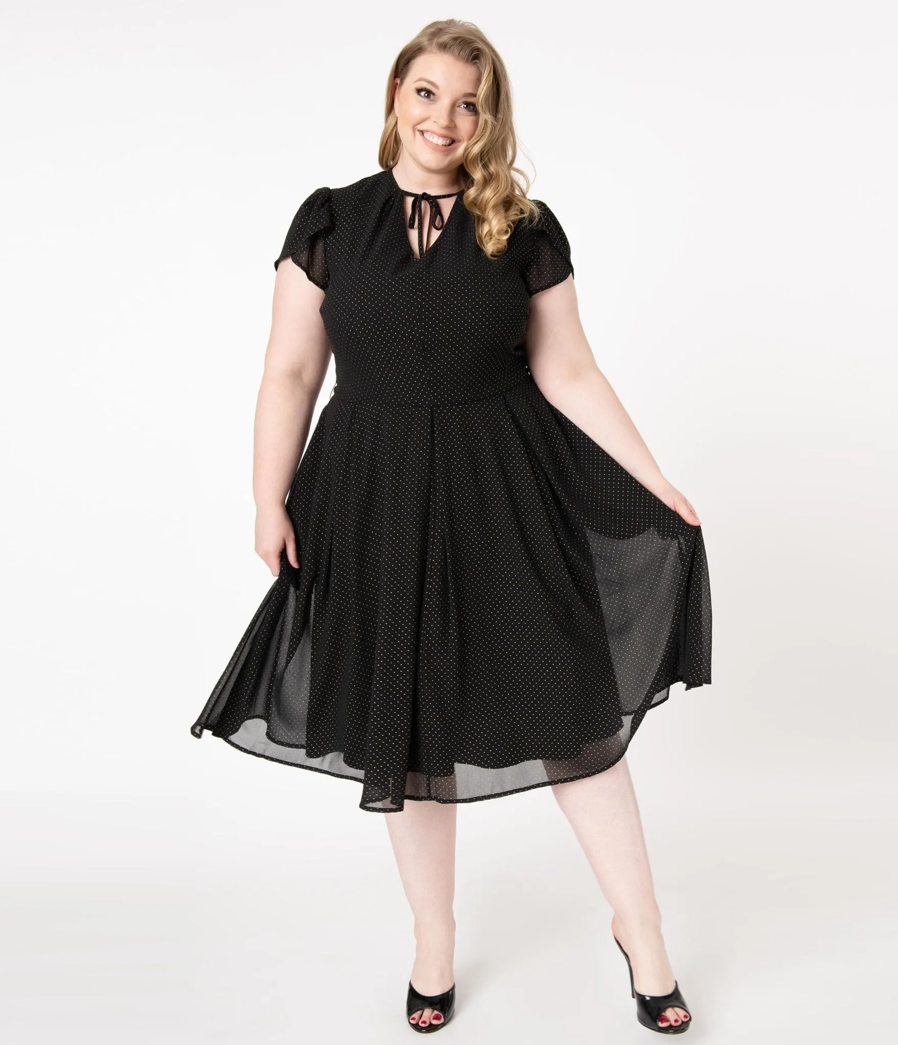 Unique Vintage Plus Size 1950s Black & Gold Pin Dot Dahlia Swing Dress