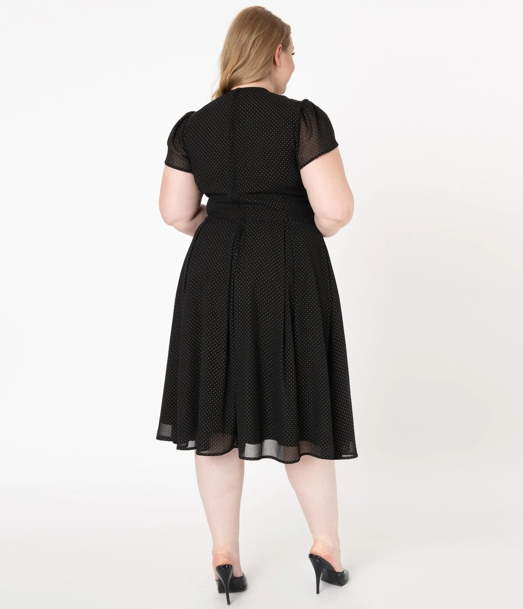 Unique Vintage Plus Size 1950s Black & Gold Pin Dot Dahlia Swing Dress