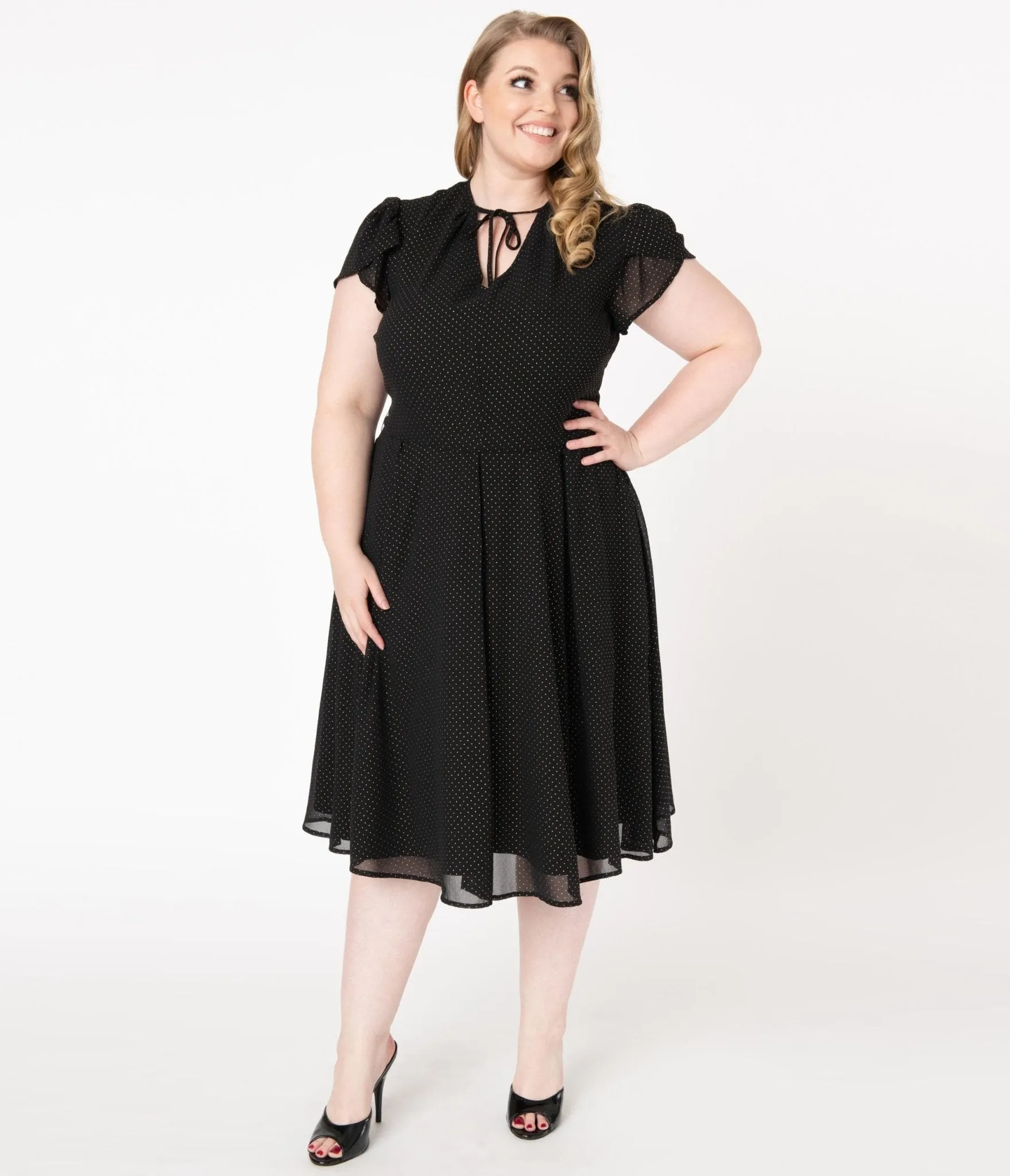 Unique Vintage Plus Size 1950s Black & Gold Pin Dot Dahlia Swing Dress