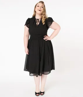 Unique Vintage Plus Size 1950s Black & Gold Pin Dot Dahlia Swing Dress