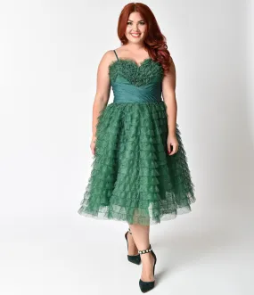 Unique Vintage Plus Size 1950s Emerald Green Ruffled Tulle Sweetheart Cupcake Swing Dress