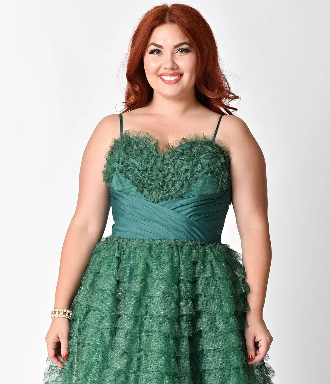 Unique Vintage Plus Size 1950s Emerald Green Ruffled Tulle Sweetheart Cupcake Swing Dress