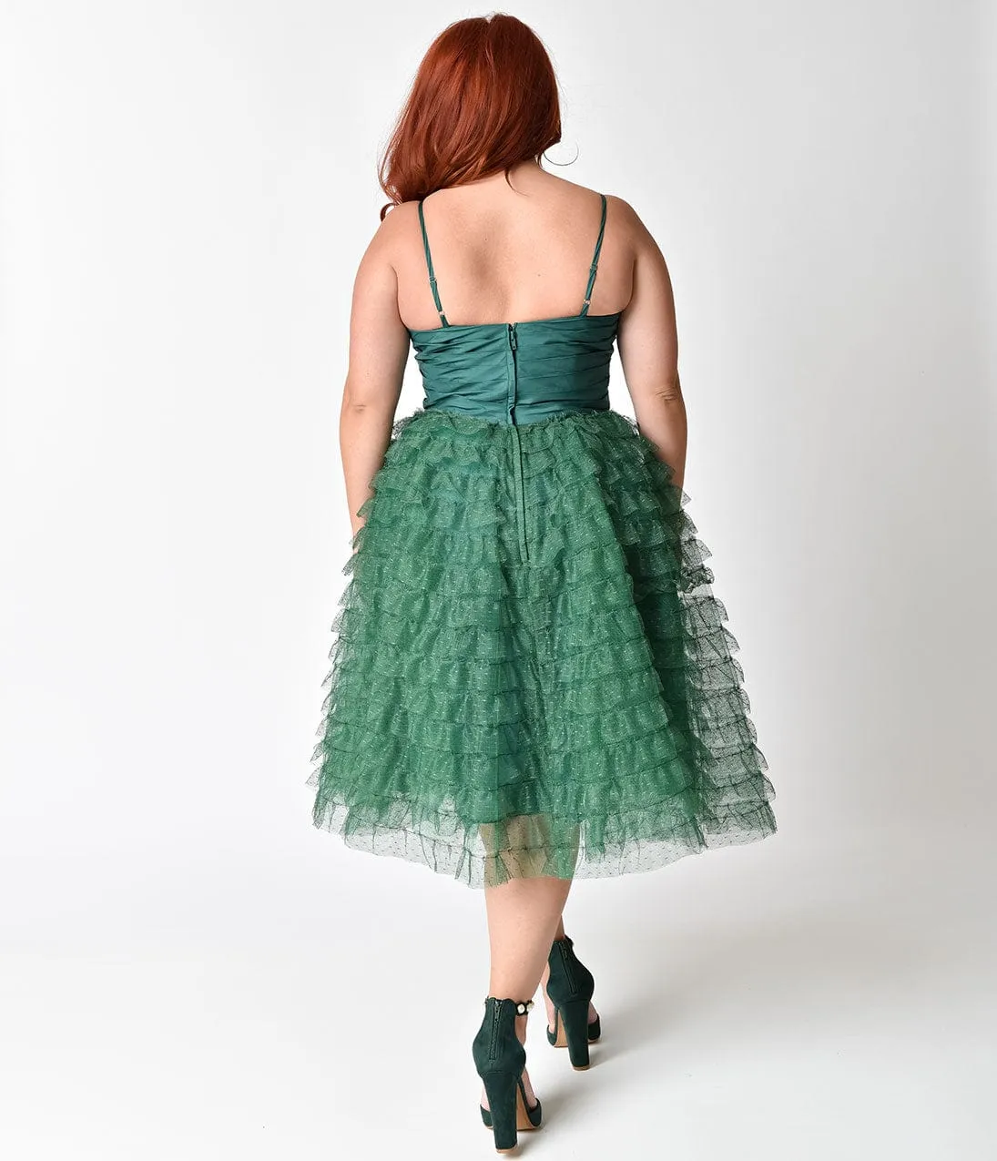 Unique Vintage Plus Size 1950s Emerald Green Ruffled Tulle Sweetheart Cupcake Swing Dress