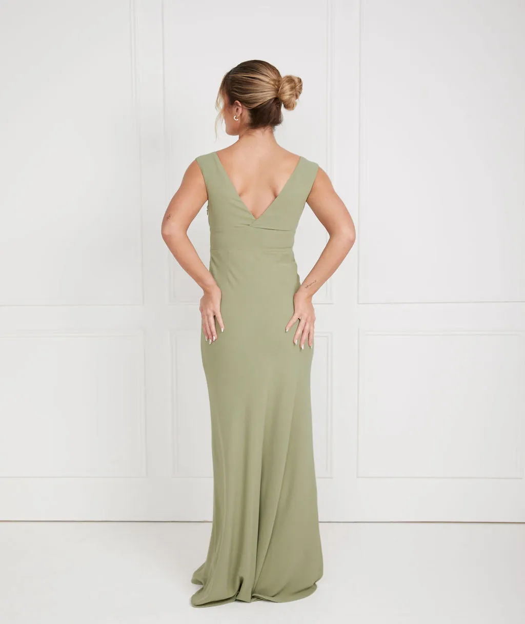 V Neck Plunge Crepe Bridesmaid Dress - Sage