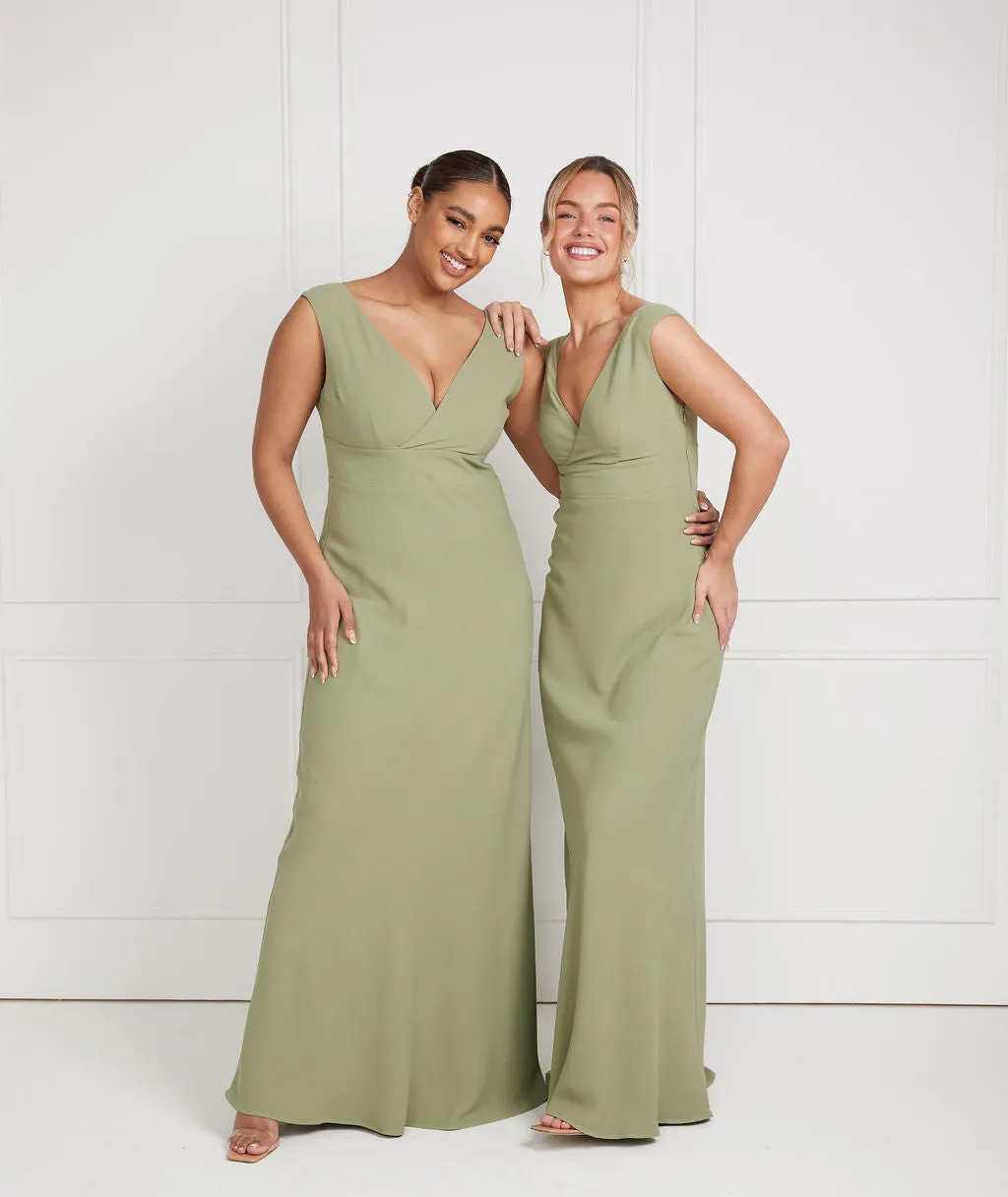 V Neck Plunge Crepe Bridesmaid Dress - Sage