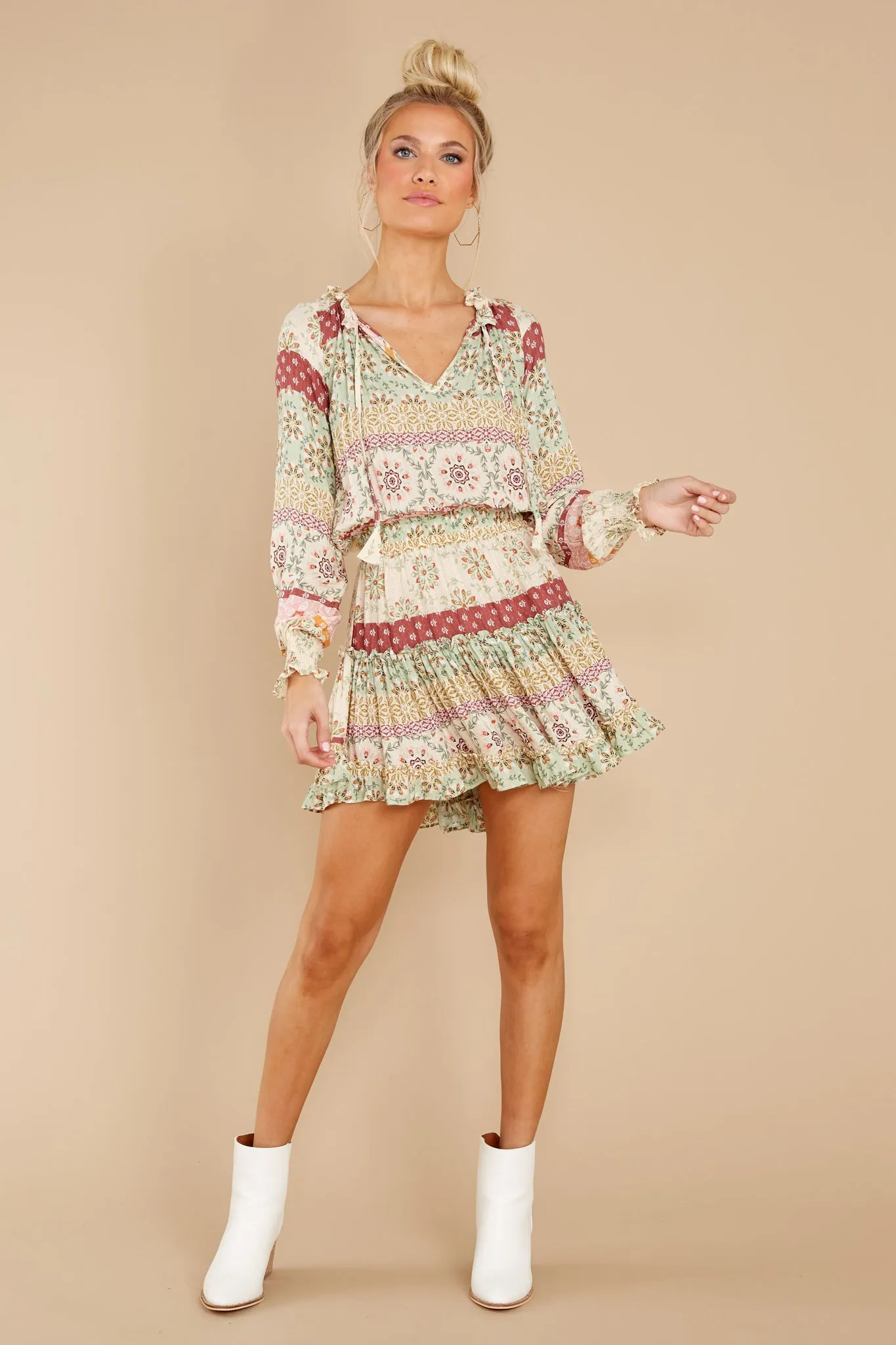 Whimsical Feeling Sage Multi Print Dress