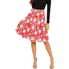 white rose red hex background print 2 Melete Pleated Midi Skirt (Model D15)