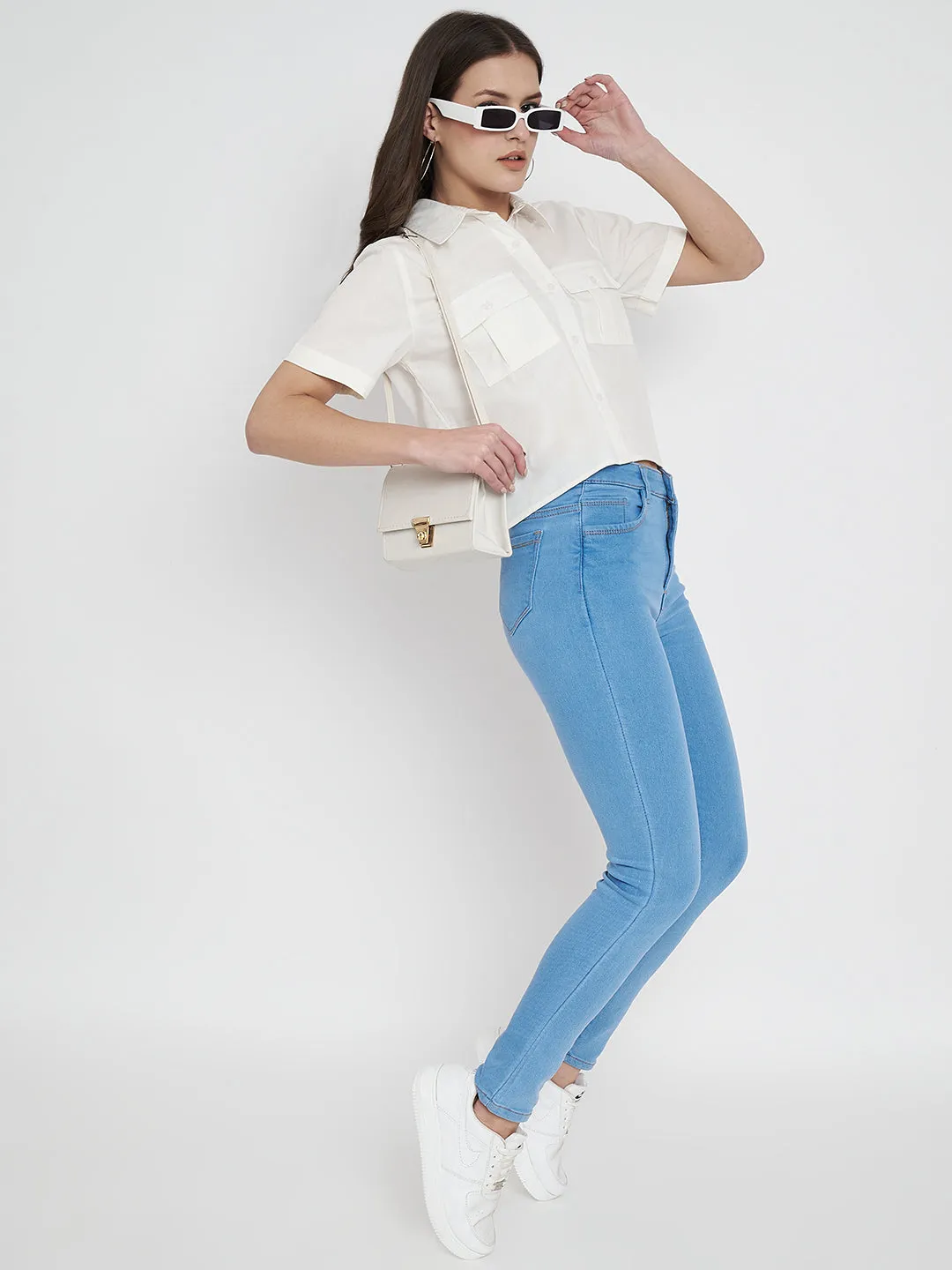 Women Cotton Solid White Half Shirt