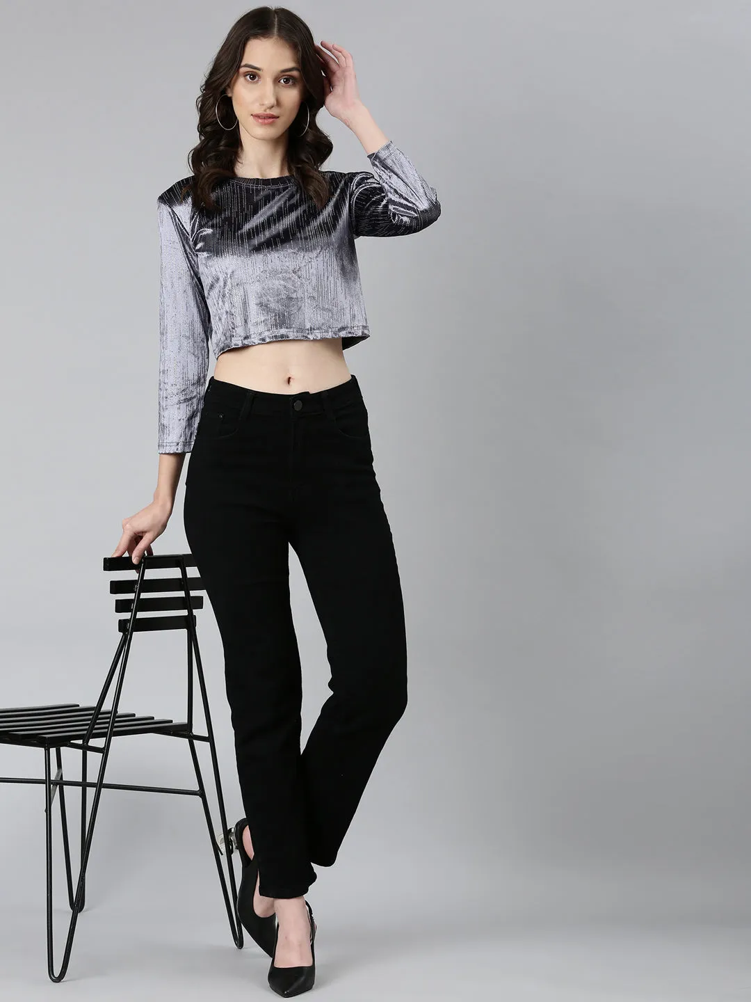 Women Grey Printed Crop Top