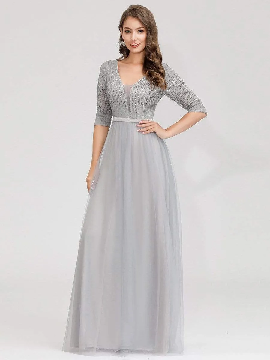 Women's V-Neck Floor Length Sparkly Evening Dress with Sleeve