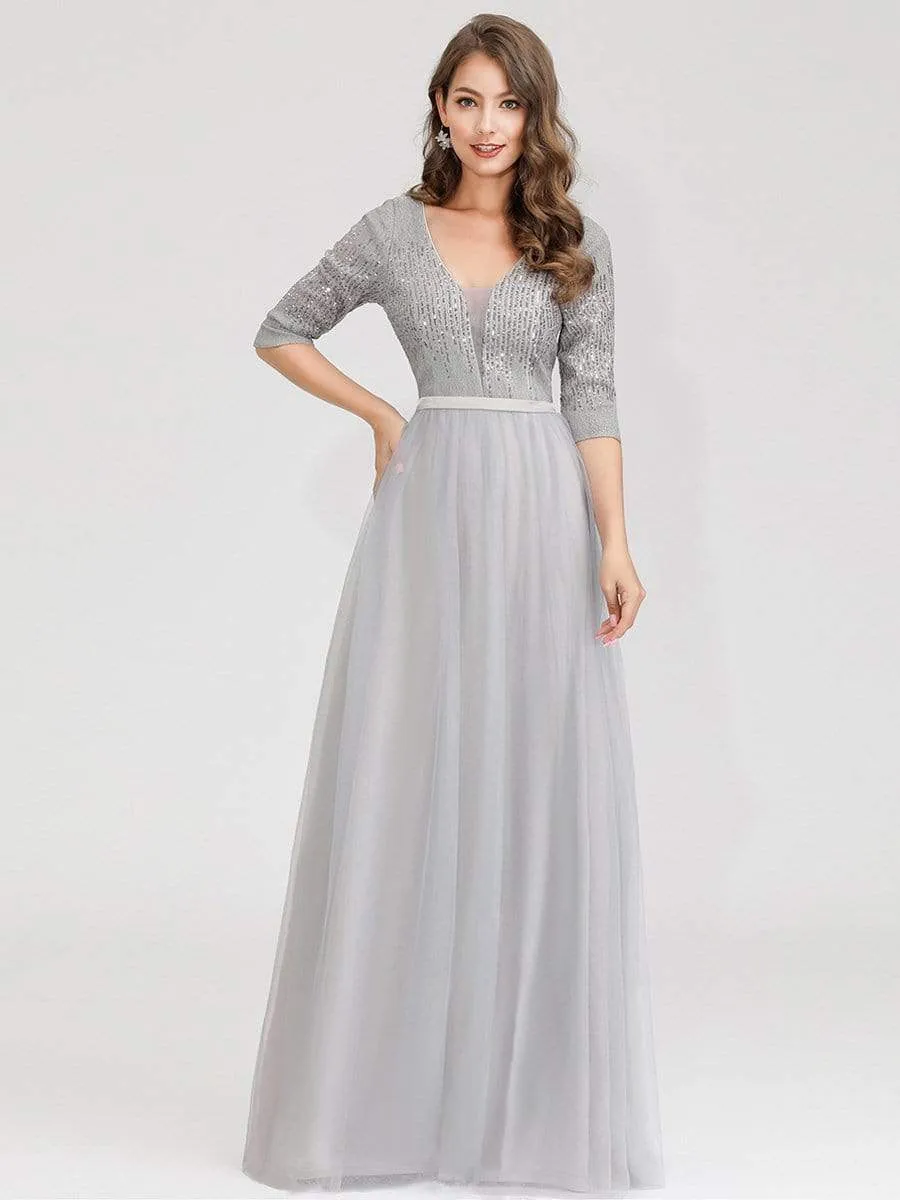 Women's V-Neck Floor Length Sparkly Evening Dress with Sleeve