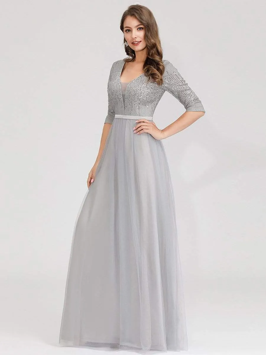 Women's V-Neck Floor Length Sparkly Evening Dress with Sleeve