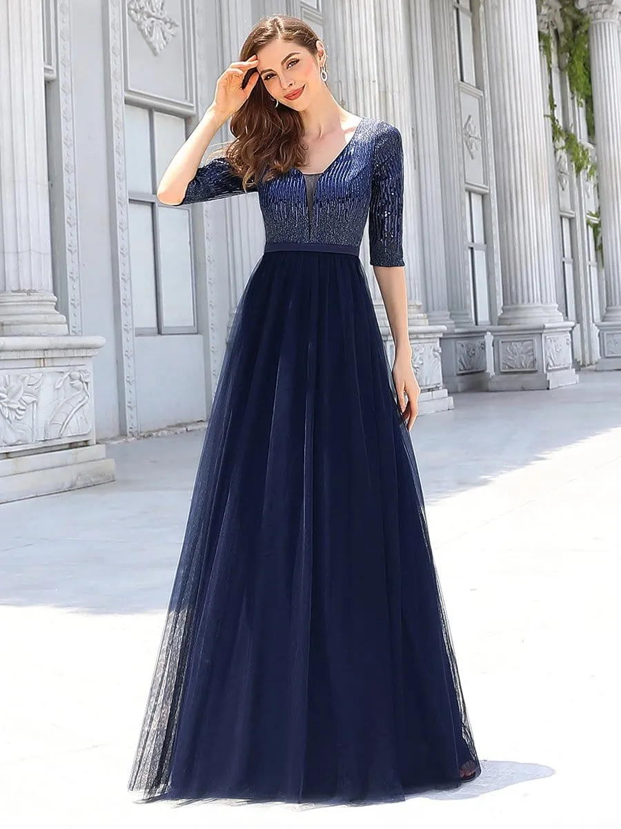 Women's V-Neck Floor Length Sparkly Evening Dress with Sleeve