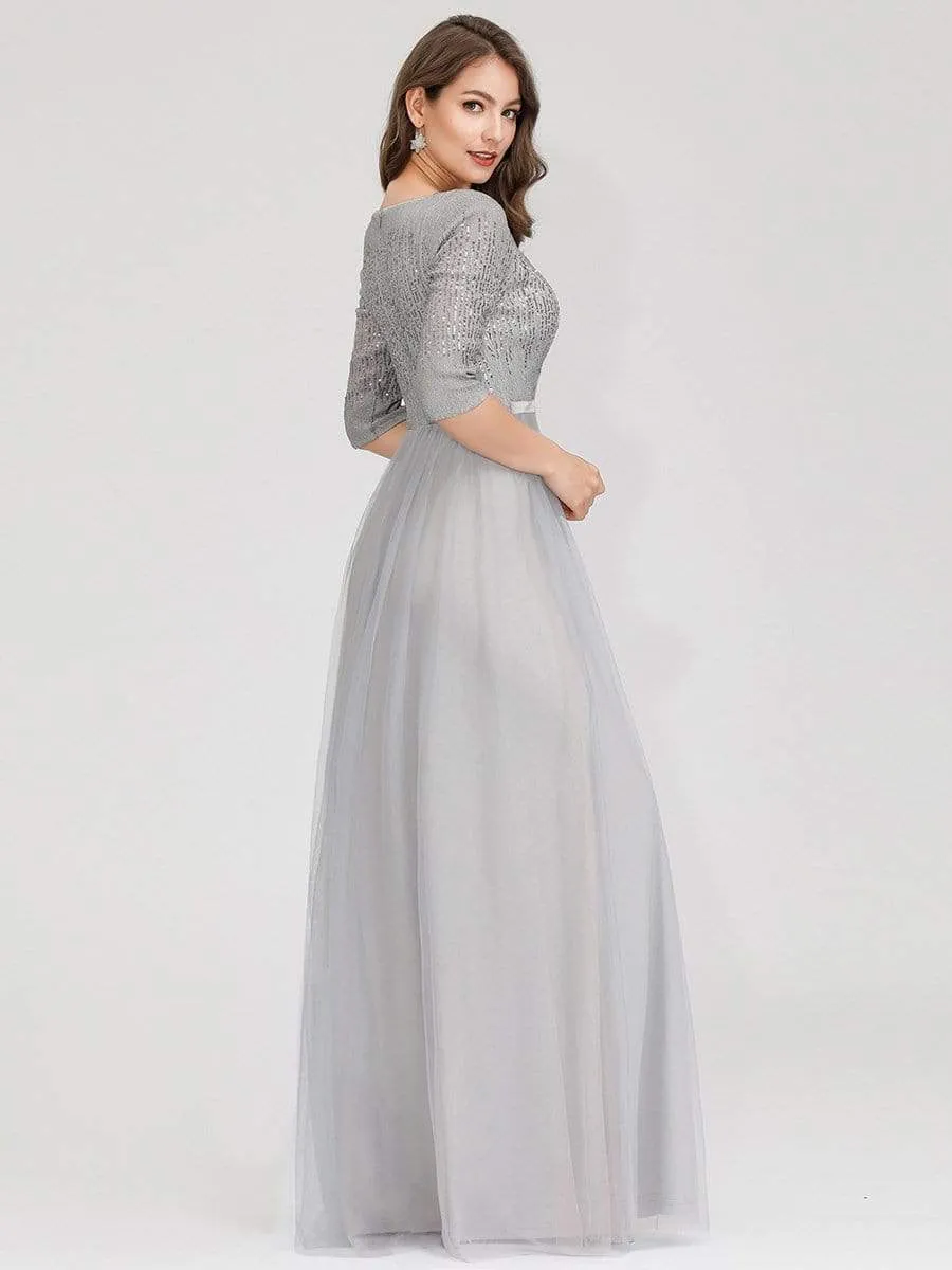 Women's V-Neck Floor Length Sparkly Evening Dress with Sleeve