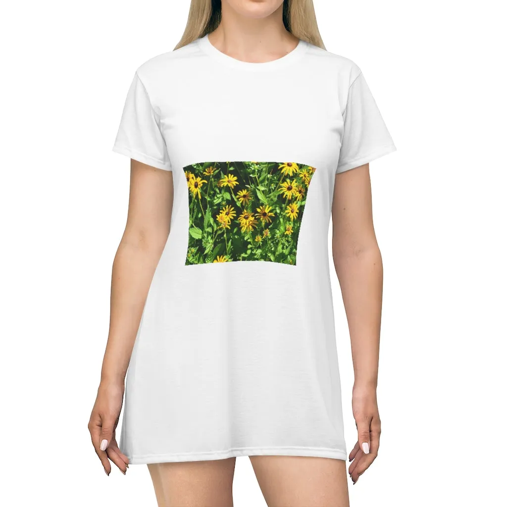 Yellow Flowers All Over Print T-Shirt Dress